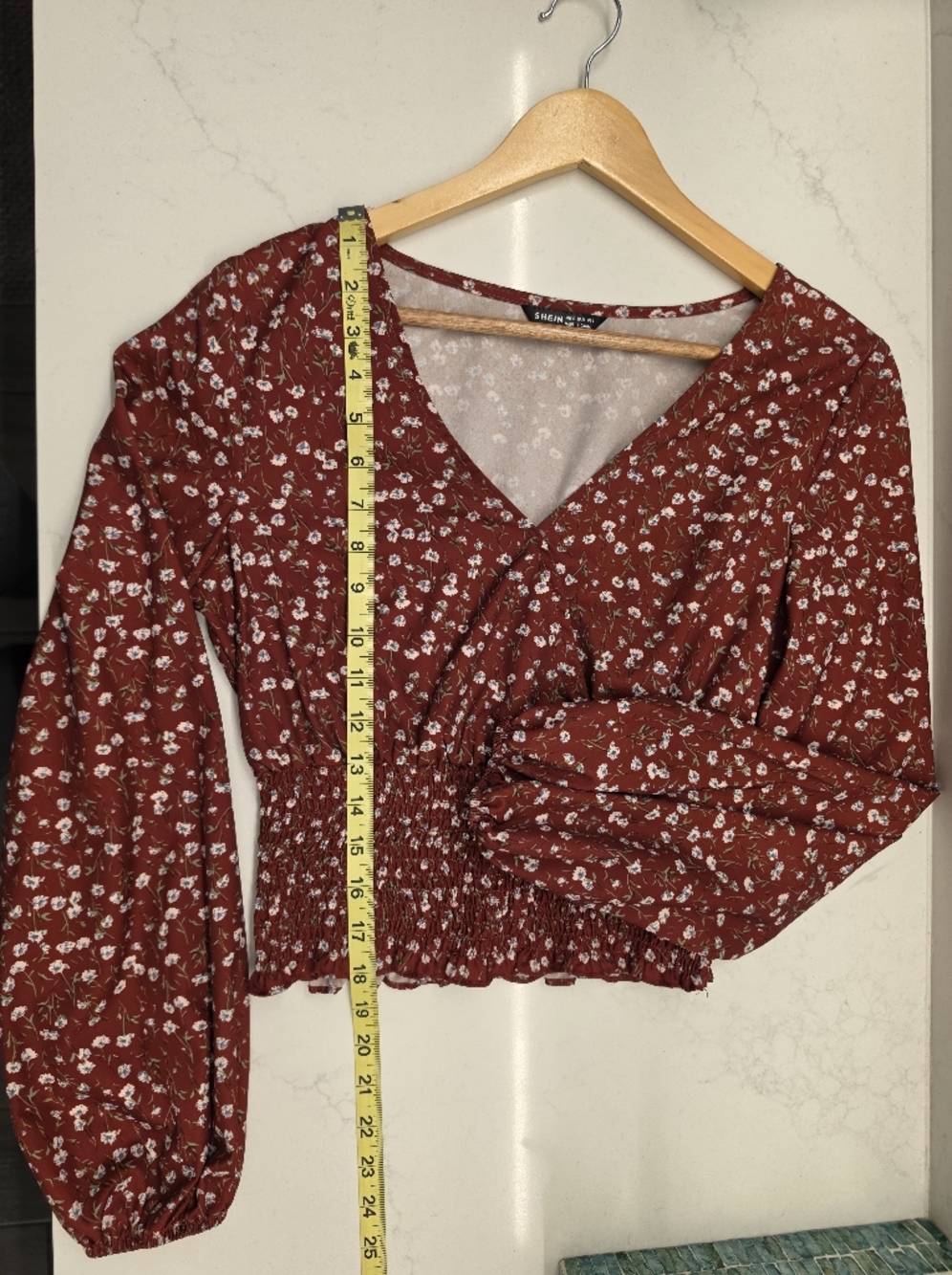 NWOT SHEIN Burnt Red Orange Floral Smocked Blouse Boho V-Neck Long Sleeve Top - Picture 11 of 11